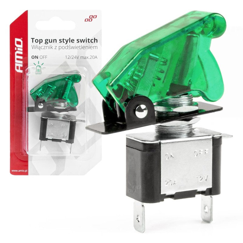 Włącznik z podświetleniem zielonym blister / Top GUN style Switch with Green Light 12/24V 20A ON/OFF BU16 03093