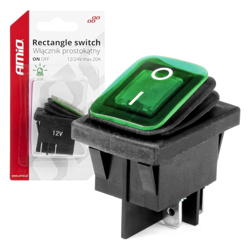 Włącznik prostokątny z podświetleniem zielonym blister / Rectangular switch with Green Light 12/24V 20A ON/OFF BU13 03090