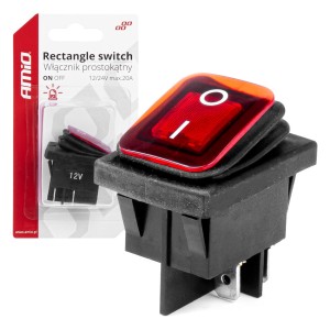Włącznik prostokątny z podświetleniem czerwonym blister / Rectangular switch with Red Light 12/24V max 20A ON/OFF BU15 03092