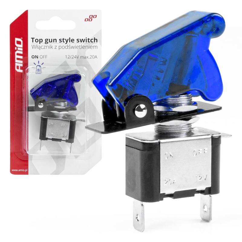 Włącznik z podświetleniem niebieskim blister / Top GUN style Switch with Blue Light 12/24V 20A ON/OFF BU19 03096