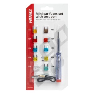 Zestaw bezpieczników samochodowych MINI z testerem napięcia/ MINI Fuse set 10pcs with test pen blister 03524