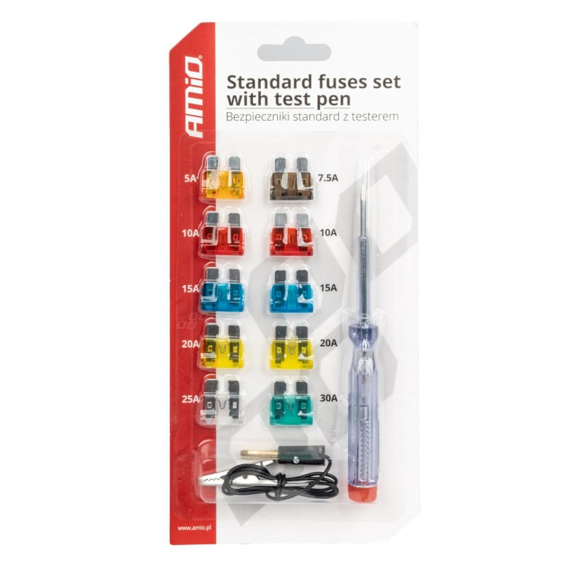 Zestaw bezpieczników samochodowych STANDARD z testerem napięcia / STANDARD Fuse set 10pcs with test pen blister 03523
