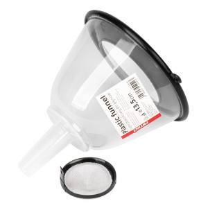 Lejek plastikowy do płynów z przykrywką / Plastic funnel with half cover and filter 13`5cm 04042