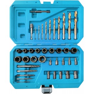 Zestaw do usuwania uszkodzonych śrub z wiertłami i wykrętakami – 40 elem MGS01903