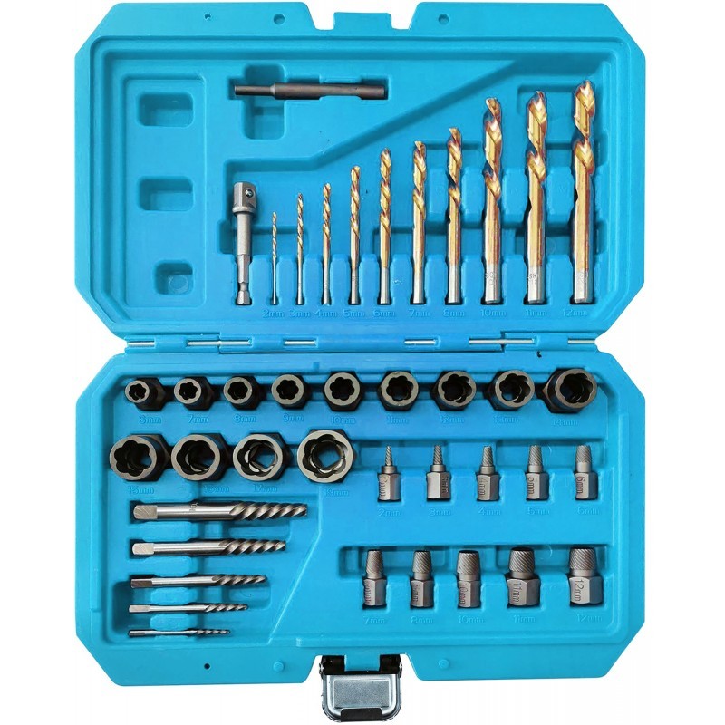 Zestaw do usuwania uszkodzonych śrub z wiertłami i wykrętakami – 40 elem MGS01903